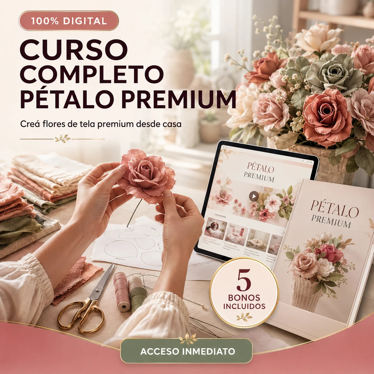 Curso Completo Pétalo Premium: flores de tela paso a paso
